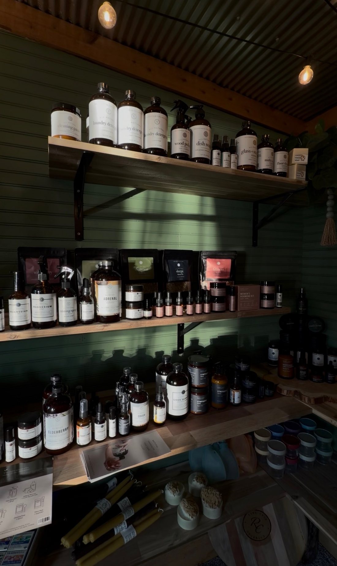 Amber bottles, soaps, and natural goods lining the store shelves
