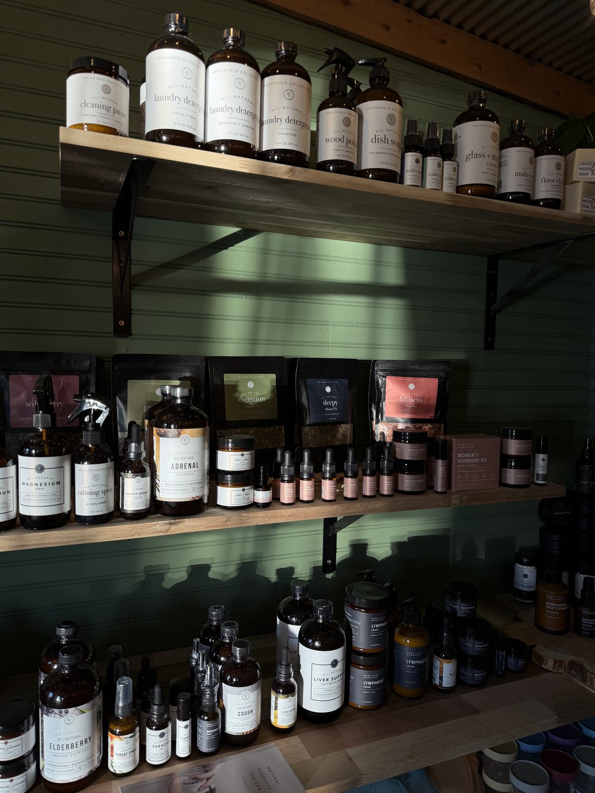 Shelves of natural home goods and body care in the store